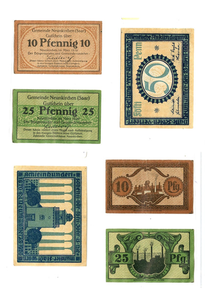 Set of 3 different notgeld paper money, 1920, Worn, Germany