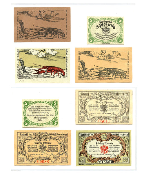 Set of 4 different notgeld paper money, 1920, Norenberg, Germany
