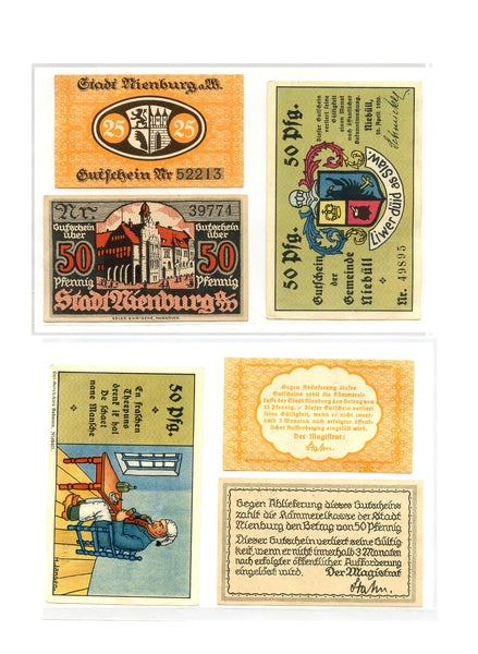 Set of 3 different notgeld paper money, 1919, Nienburg, Germany