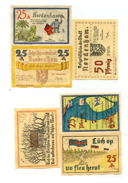 Set of 3 different notgeld paper money, 1922, Nordenham, Germany