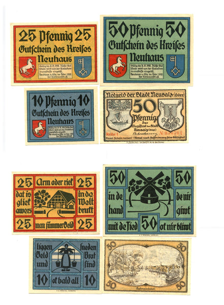 Set of 4 different notgeld paper money, 1921, Neuhaus, Germany