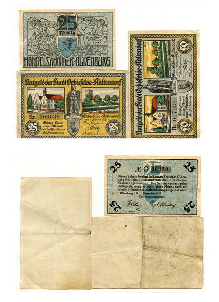 Set of 3 different notgeld paper money, 1921, Oebisfelde-Kaltendorf, Germany