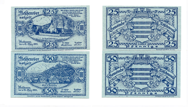 Set of 2 different notgeld paper money, 1921, Meschenroer, Germany