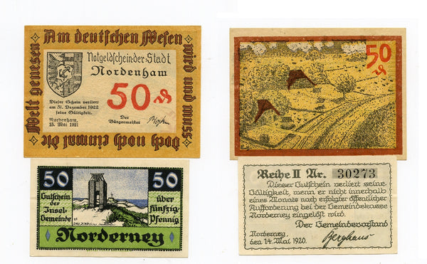 Set of 2 different notgeld paper money, 1920-1922,  Notdenham, Germany