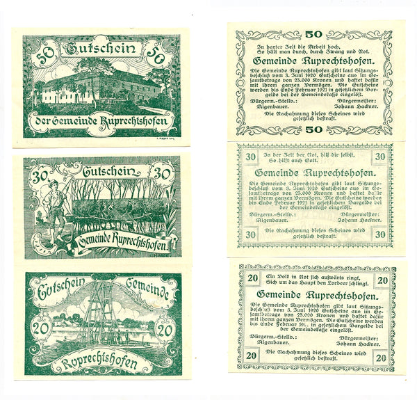 Set of 3 different notgeld paper money, 1920,  Ruprechtshofen, Austria