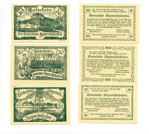 Set of 3 different notgeld paper money, 1920,  Ruprechtshofen, Austria