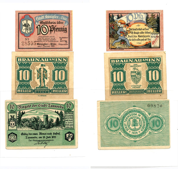 Set of 3 different notgeld paper money, 1920, Germany