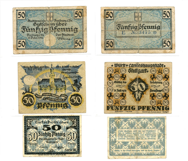 Set of 3 different notgeld paper money, 1919, Germany