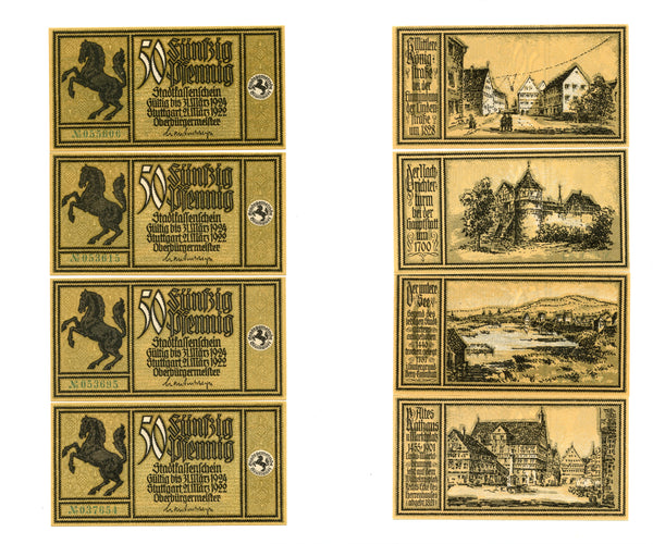 Lot of 4 notgeld bills numbers, 1922-1924, Stuttgart, Germany