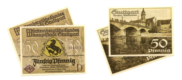 Set of 2 different notgeld paper money, 1921, Stuttgart, Germany