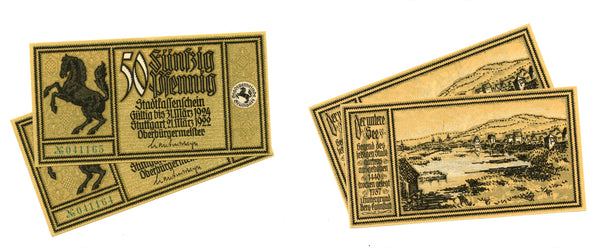 Lot of 2 notgeld bills w/consecutive numbers, 1922-1924, Stuttgart, Germany