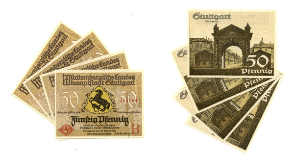 Set of 4 different notgeld paper money, 1921, Stuttgart, Germany