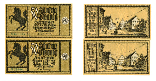 Lot of 2 notgeld bills w/consecutive numbers, 1922-1924, Stuttgart, Germany