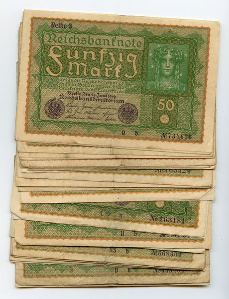 Lot of 5 random notes - 50 marks, 1919, Weimar Republic, Germany (Pick-66)