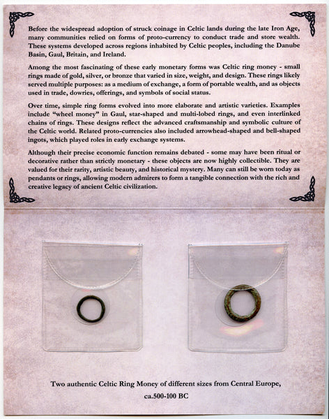 Gift set - 2 different ancient Celtic ring money w/folder, Danube region, c.500-100 BC