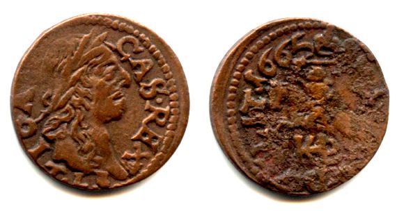 Copper solidus, 1665, Johann II Casimir (1648-68), Polish-Lithuanian Commonwealth (KM #50)