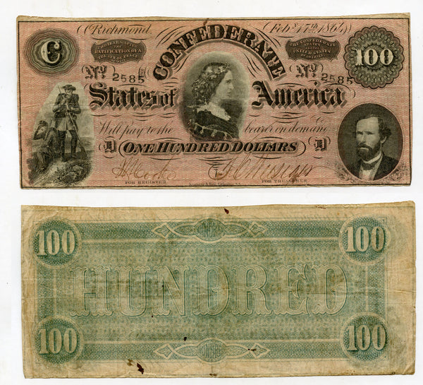 Nice 100$ note, Confederate States of America (CSA) - 1864 (T-65 #490)