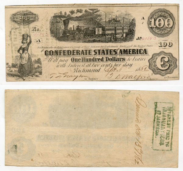 Nice 100$ note, Confederate States of America (CSA) - 1862 (T-40 #300)