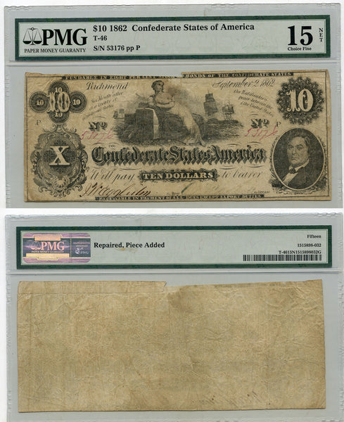 10$ note, Confederate States of America (CSA) - 1862 (T-46 #343)
