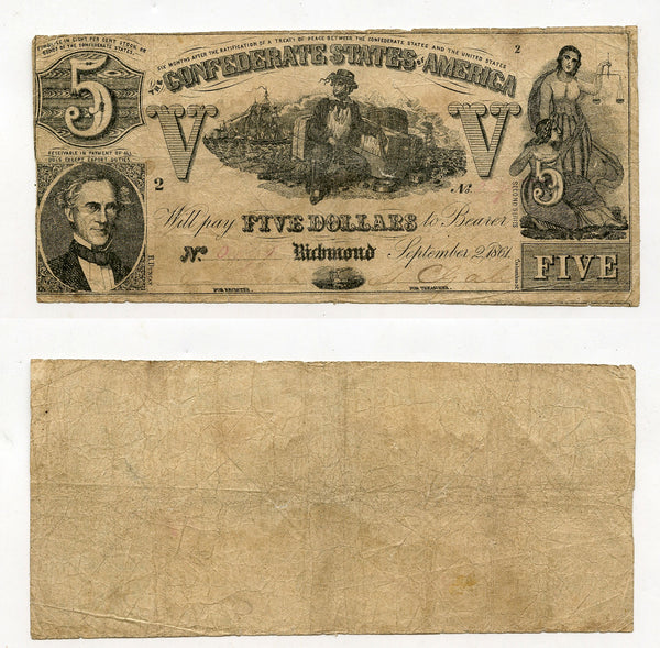 5$ note, Confederate States of America (CSA) - 1861 (T-37 #285)