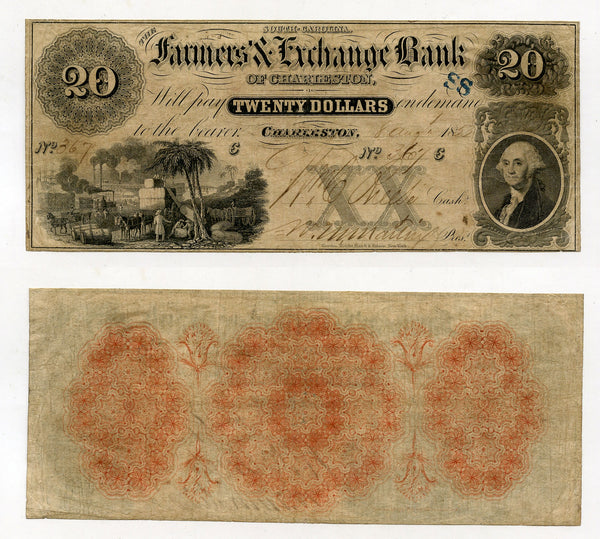 Scarce 20$ obsolete note, 1853, Farmers' & Exchange Bank of Charleston, SC, USA