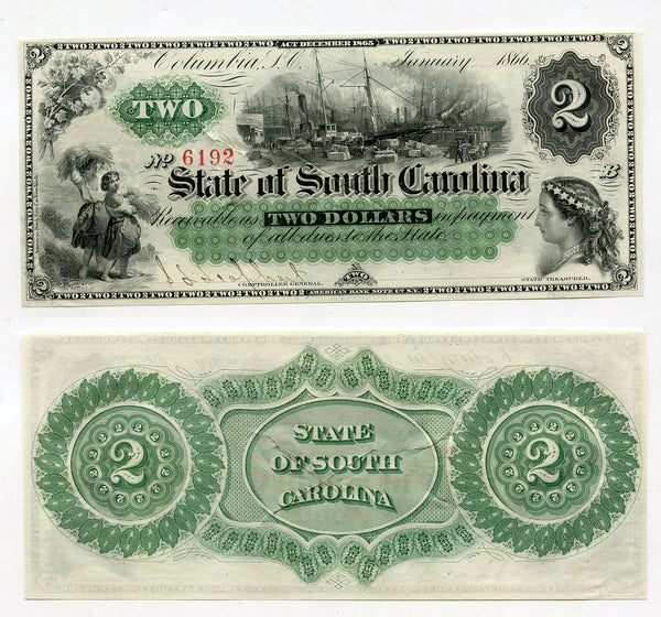 Interesting odd 2$ obsolete note, Jan. 1866, State of South Carolina, USA