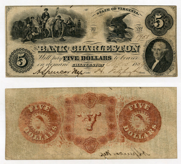5$ obsolete note, George Washington, 1859, the Bank of Charleston, VA, USA