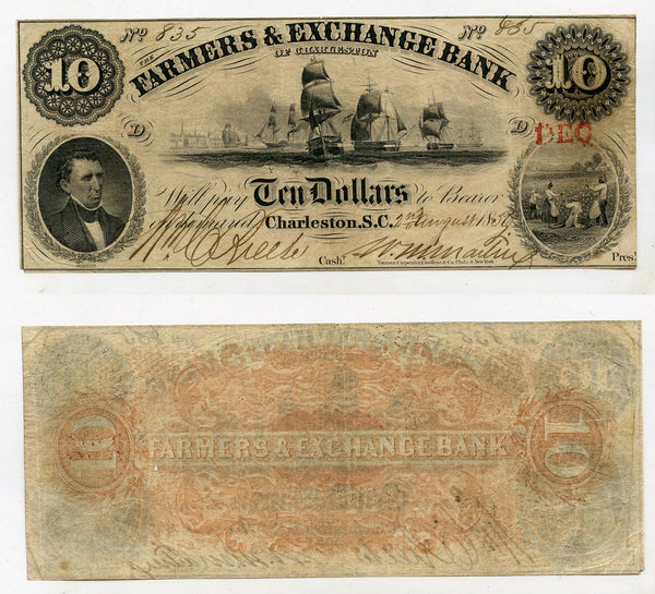 Scarce 10$ obsolete note, 1856, Farmers' & Exchange Bank of Charleston, SC, USA