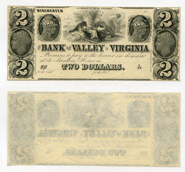 Remainder obsolete note, 2$, Bank of the Valley in Virginia, 1840s, USA