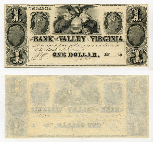 Remainder obsolete note, 1$, Bank of the Valley in Virginia, 1840s, USA