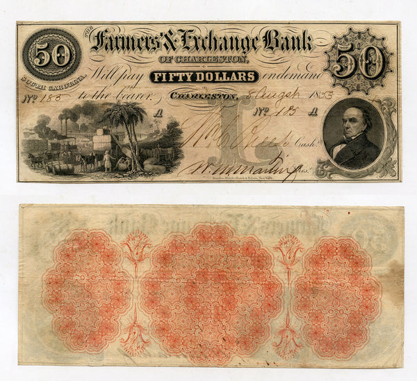 Rare 50$ obsolete note, 1853, Farmers' & Exchange Bank of Charleston, SC, USA