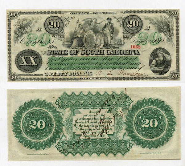 20$ obsolete note, 1873, State of South Carolina, USA