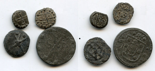 Lot of 4 tin coins, 1500-1600s, Portuguese Melaka, Portuguese Far East