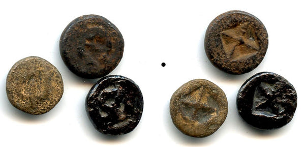 Lot of 3 debased tin masas, Shailendra Empire, c.900-1000 CE, Sumatra, Indonesia