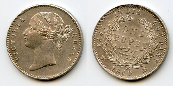 Silver rupee of Queen Victoria, East India Company, British India, 1840 (KM 458)