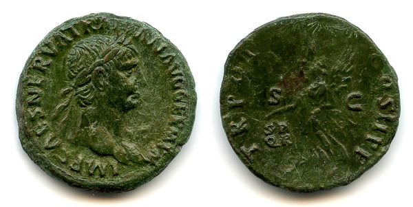 Bronze as w/Victory, Trajan (98-117 CE), Rome mint, Roman Empire (RIC 402)