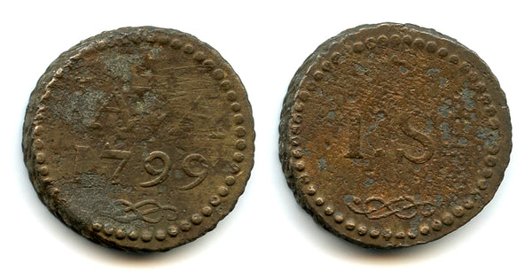 Rare large copper stuiver, 1799, Batavian Republic, Dutch Colonial Java