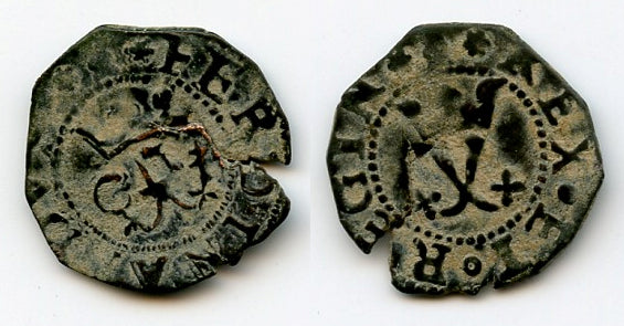 Billon blanca of Ferdinand and Isabella of Spain, Cuenca mint, later 1400's (Cal. 453)