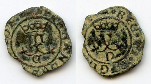 Billon blanca of Ferdinand and Isabella of Spain, Cuenca mint, later 1400's (Cal. 460)