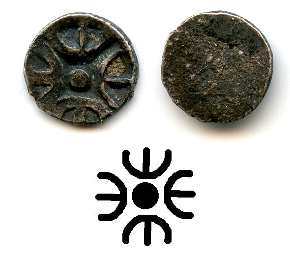 RRR silver punchmarked 1/32 shatamana, Gandhara (c.600-500 BC), India