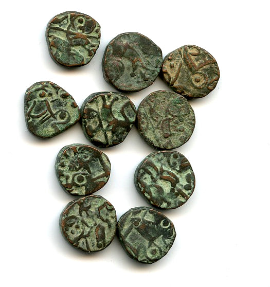 Lot of 10 various horseman bronze jitals, 1100-1200's, Kangra Kingdom