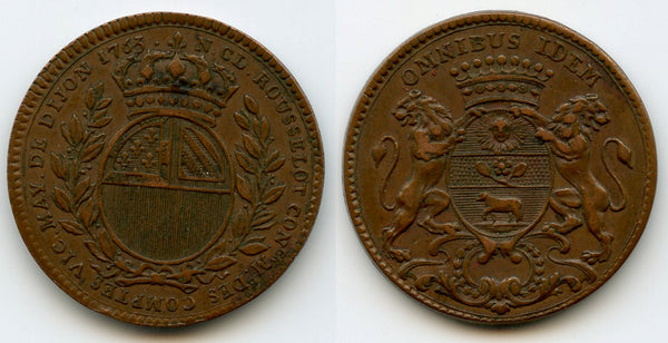 High grade brass jeton (AE29) from Dijon, 1763, France (F-10110)
