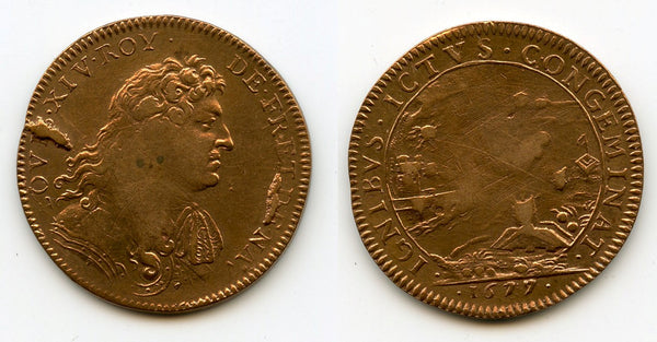 Brass jeton (AE27) w/burning Tobago, Louis XIV (1643-1715), France (F-12670)