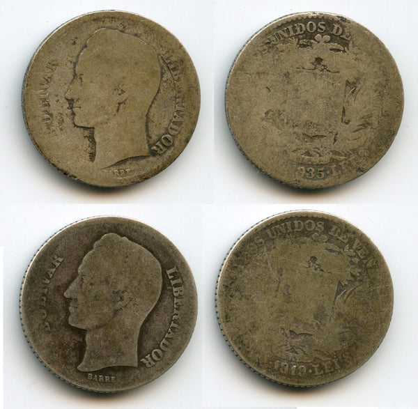 Lot of 2 silver bolivars, 1919 and 1935, Philadelphia mint, Venezuela