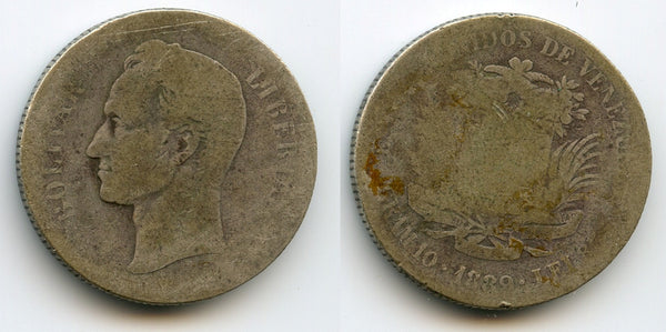 Key date with low mintage - silver 2 bolivares, 1889, Caracas mint, Venezuela
