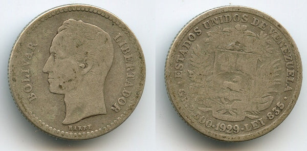 Silver 1/2 bolivar, 1929, Philadelphia mint, Venezuela