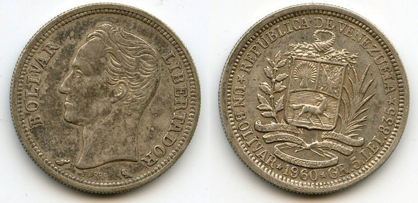Silver bolivar, 1960, Paris mint, Venezuela