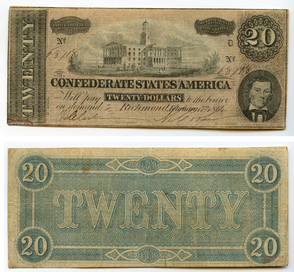 1864 Confederate State of America (CSA) $20 Note (T-67, Criswell #510)