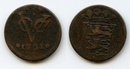 Scarce early West Friesland copper VOC duit, 1731, Dutch East India (KM#132)