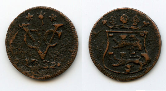 Scarce early West Friesland copper VOC duit, 1732, Dutch East India (KM#132)
